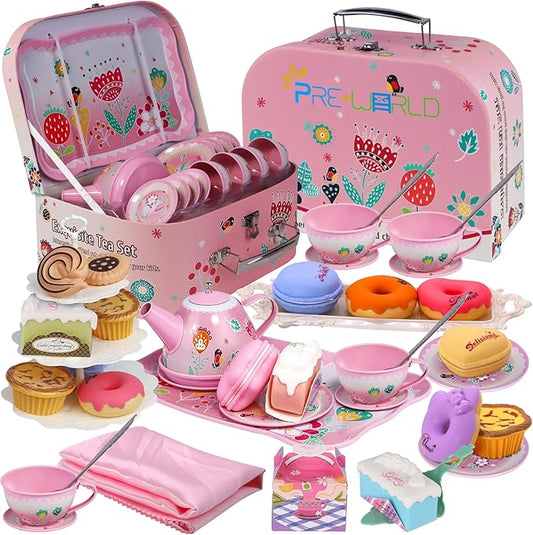 TinyTinker 45-Piece Flower-Themed Kids Tea Party Set – Pretend Play Tea Set with Desserts & Carrying Case